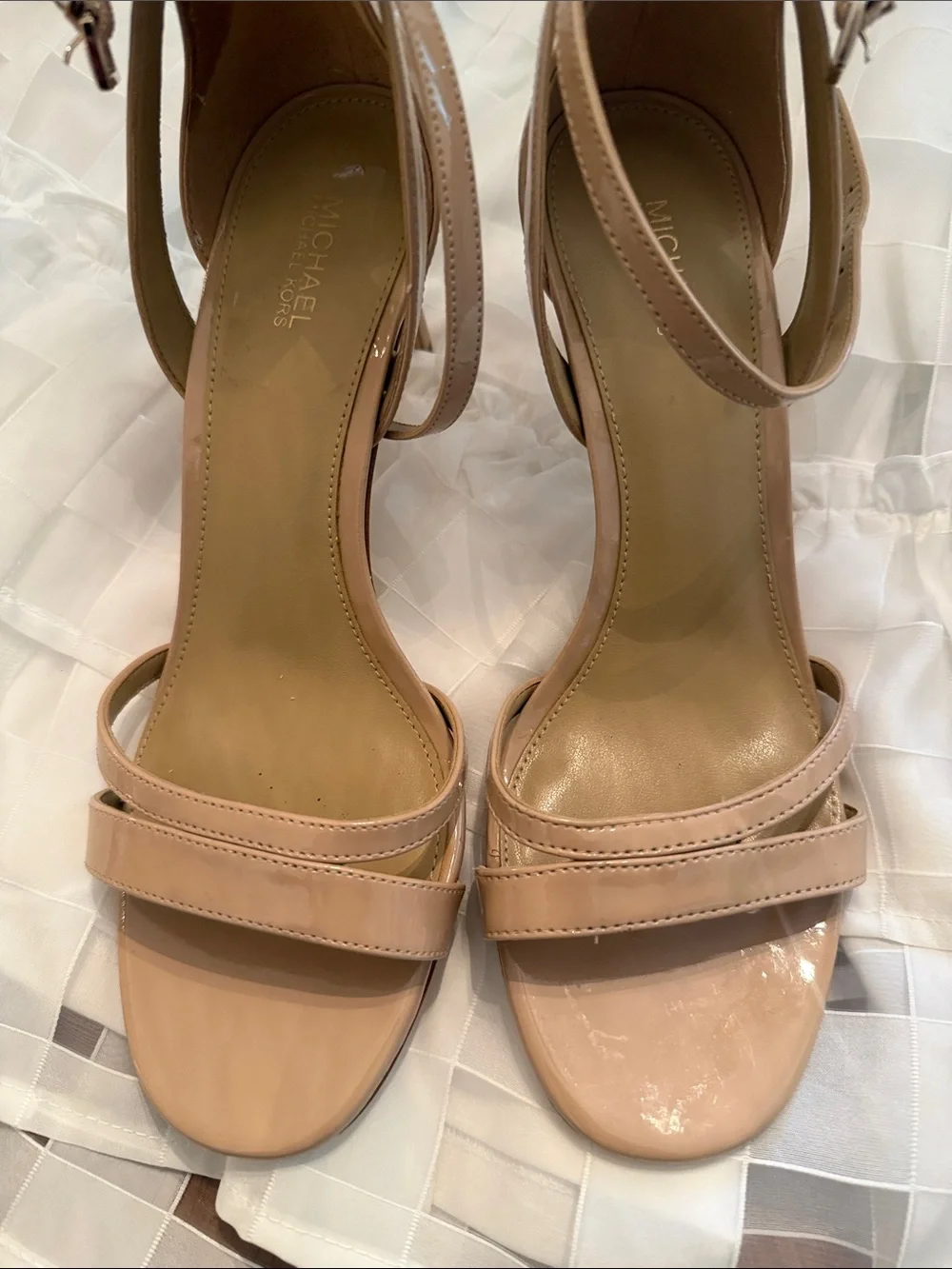 MICHAEL Michael Kors Patent Nude/Tan Strappy Heels